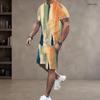 Men Plus Size Dark Blue Printed Round Neck Short Sleeve Top And Shorts Two Piece Set