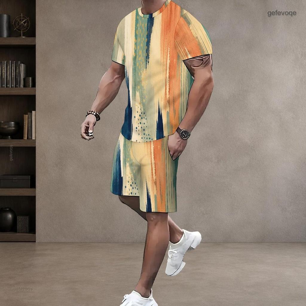 Men Plus Size Dark Blue Printed Round Neck Short Sleeve Top And Shorts Two Piece Set