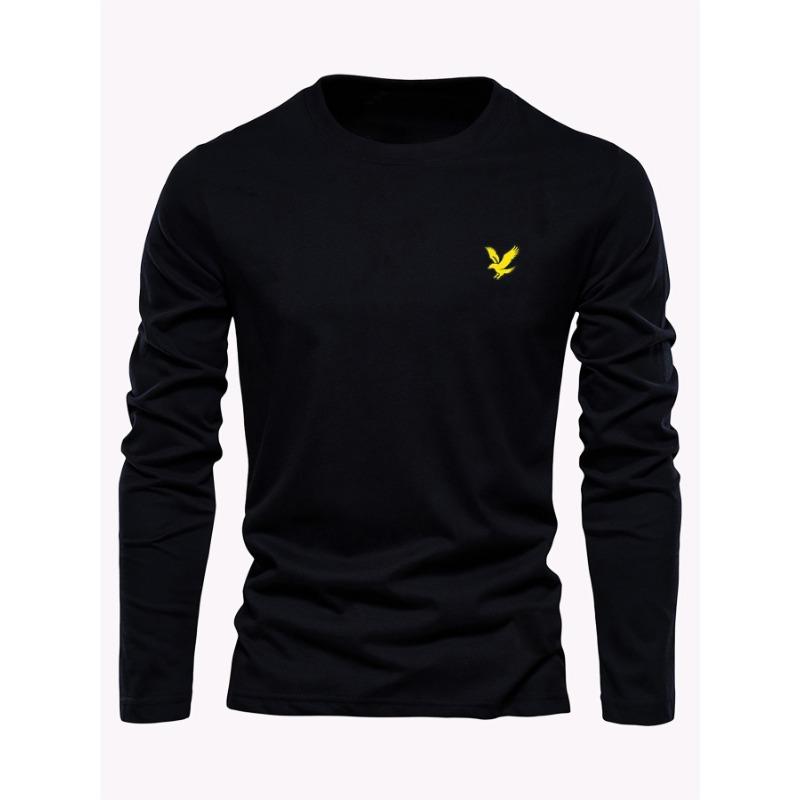 Men's 100% Pure Cotton Loose Fit Comfortable Casual Sports Eagle Pattern Printed Round Neck Long Sleeved T-shirt Top