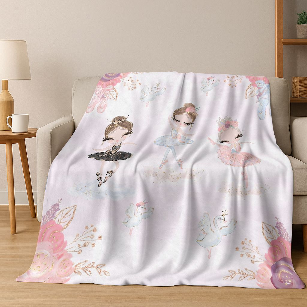 Elegant Ballet Dacing Girl Ballerina Cartoon Flannel Blanket,Cozy Soft Throw Blanket for Home Bedroom Bed Sofa Cover Gift Kids