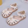 Girls Sandals 2024 Summer New PU Princess Hollow Covered Toes Kids Fashion Bow with Big Pearl Soft Simple Children Casual Shoes