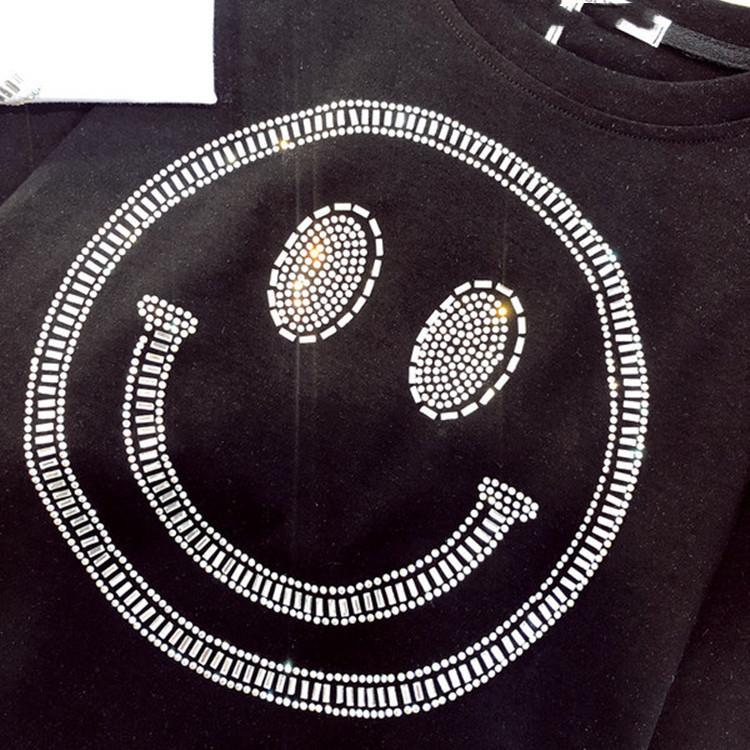 Heavy Industry Smiling Face Iron Diamond Short Sleeve T-shirt for Women Spring and Summer New Loose Pure Cotton Mid-Length Half-Sleeve Top