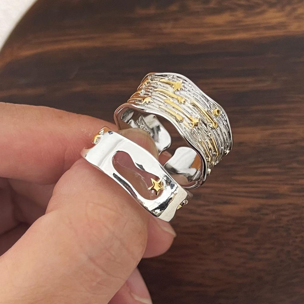 925 Sterling Silver Rings For Women Men Fine Jewelry Finger Adjustable Open Gold Star Ring For Party Birthday Gift