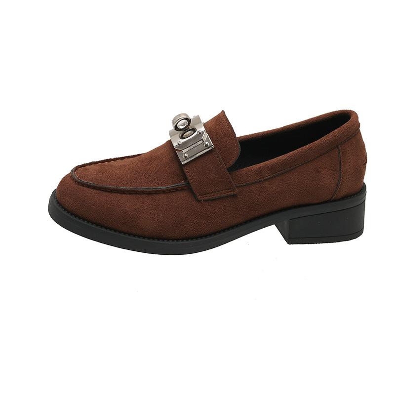 

Женские лоферы большого размера с одной педалью, 2025 год, британский стиль, круглый носок, замшевые туфли из мелкой кожи, на высоком каблуке, легкие и удобные 42 коричневый