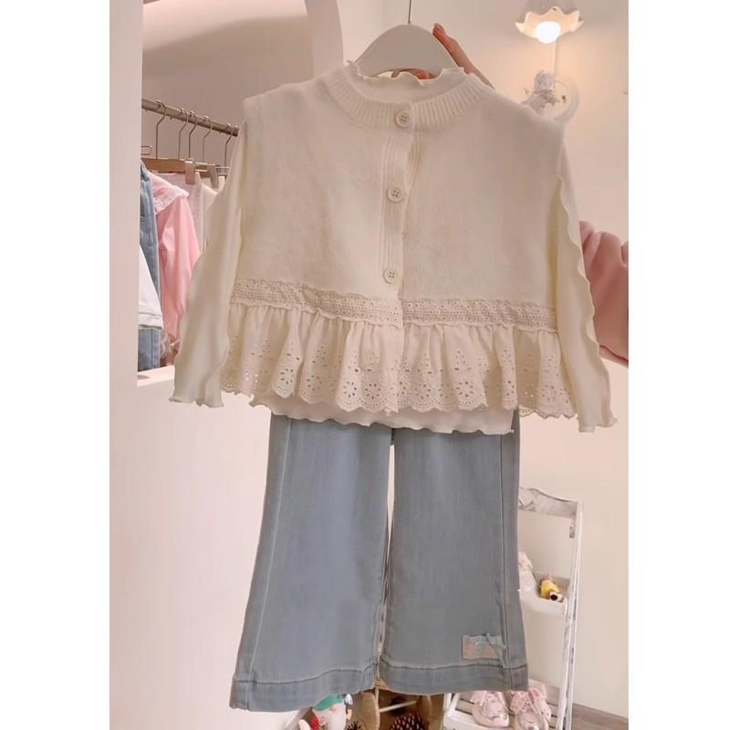 2025 Spring Korean Girls' Outfit: Lace-Trim Knitted Vest & Denim Flare Pants