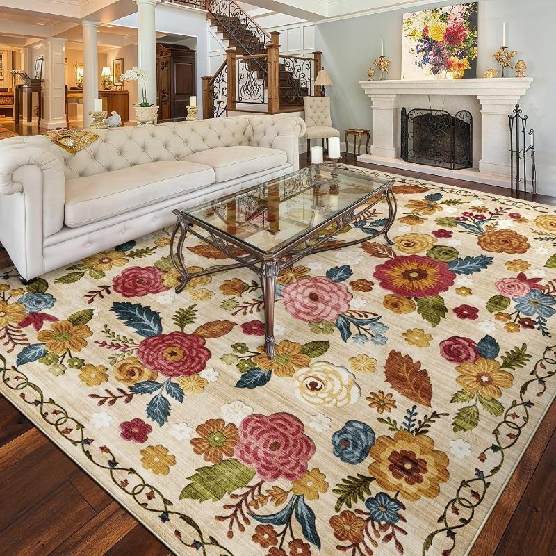 Vintage Floral Print Pattern Living Room Carpet Foldable Machine Washable Sofa Coffee Table Non-slip Floor Mat Bedroom Soft Rug