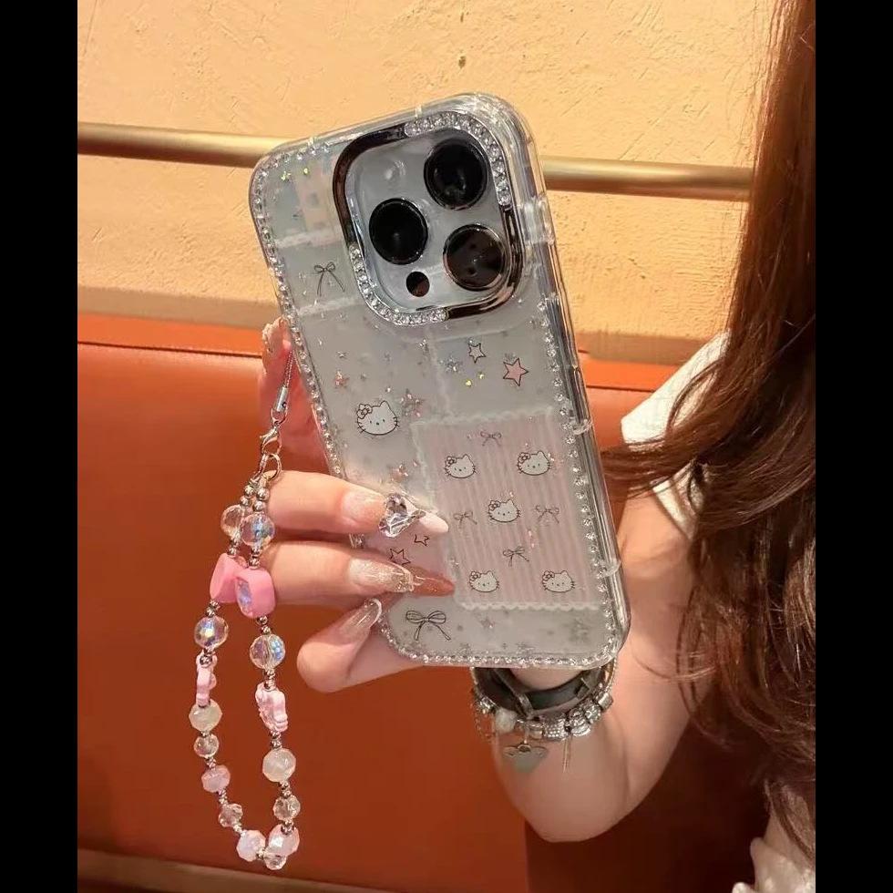 Bow striped Kitty for Apple 17 mobile phone case iPhone16Pro laser 14 flash diamond stars 15 sets