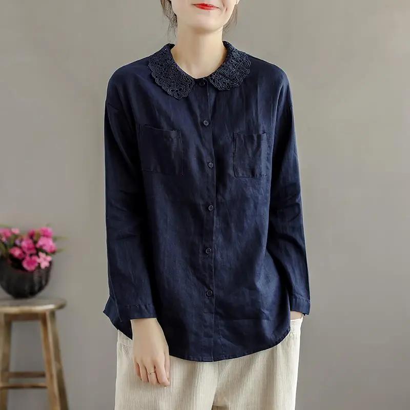 

Весна Осень Этнический Винтаж Стиль Кружевной Воротник Поло Хлопковая Блузка Женская Длинный Рукав Универсальный Топ На Пуговицах Женская Свободная Повседневная Рубашка XXL темно-синий