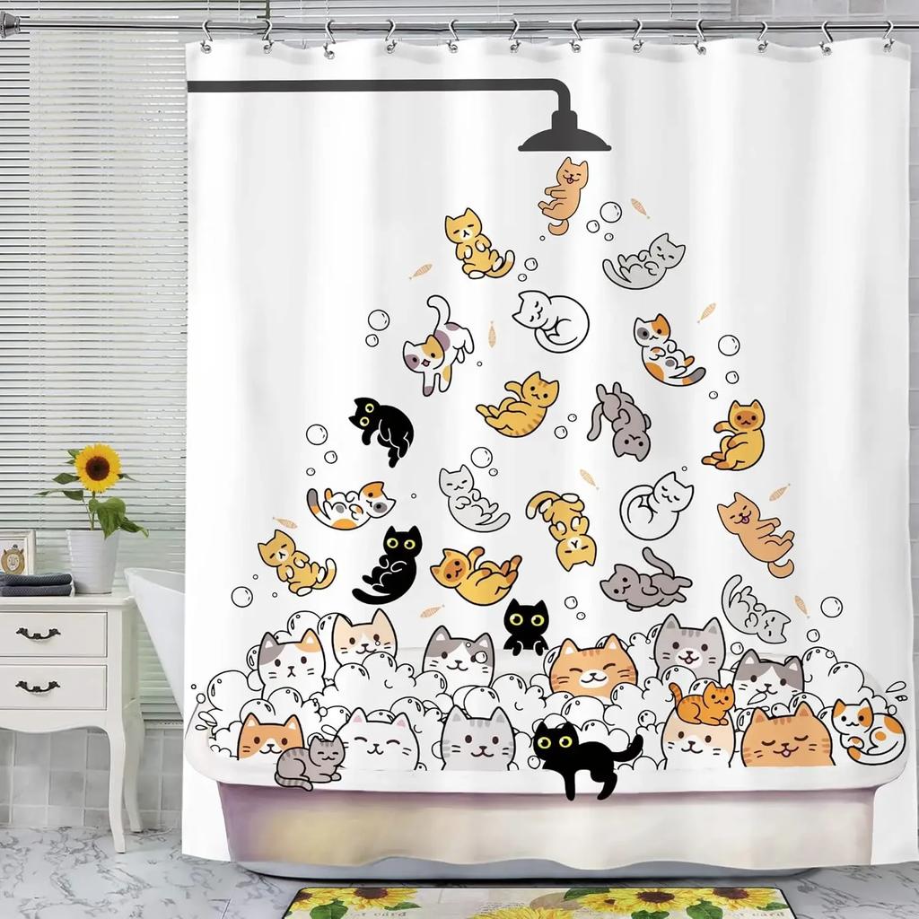 Cartoon Cute Animal Bathing Cat and Dog Shower Curtain Pattern Children's Bathroom Bathtub Decorative Polyester Shower Curtain