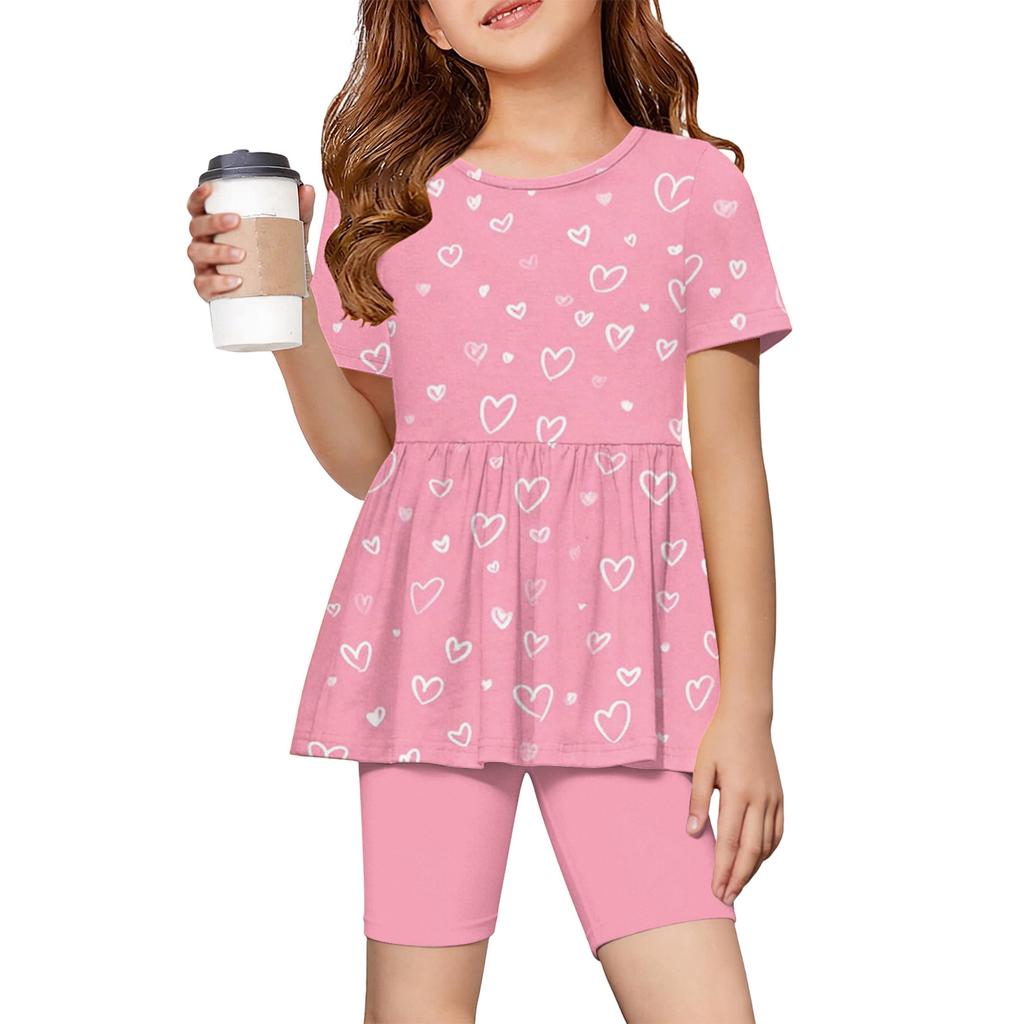 Girls Summer Outfit Set Short Sleeve Ruffle Hem Top and Shorts with Heart Pattern Casual Lightweight Clothing for Kids