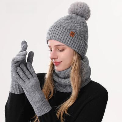 Thermal Winter Set for Women 3 In 1 Knitted Beanie Scarf Gloves Fleece Lined Windproof for Skiing Snowboarding Cold Weather