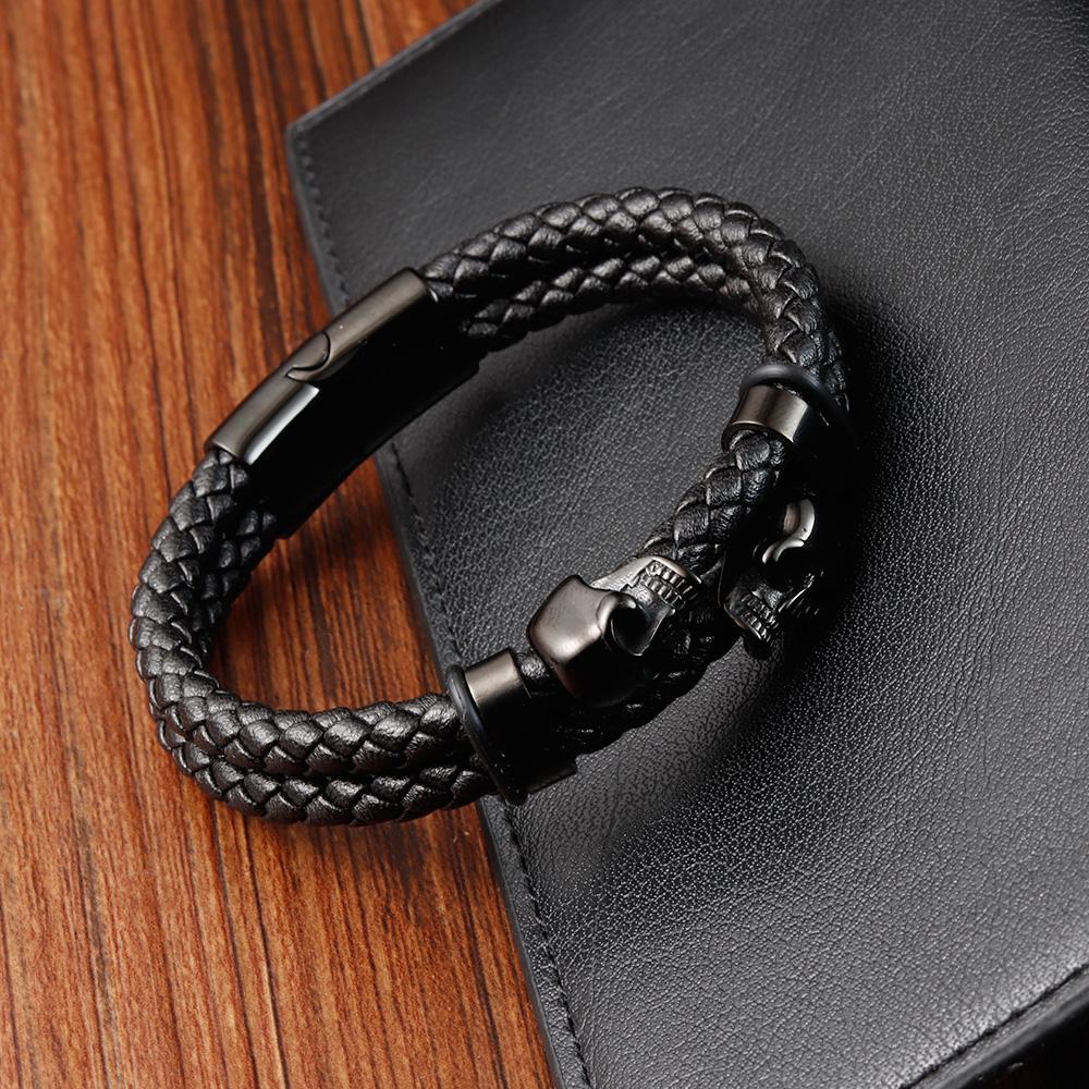 Multi-layer Punk Bracelet Stainless Steel Charm Magnetic Black Leather Men's Skull Braided Bangle Jewelry Homme