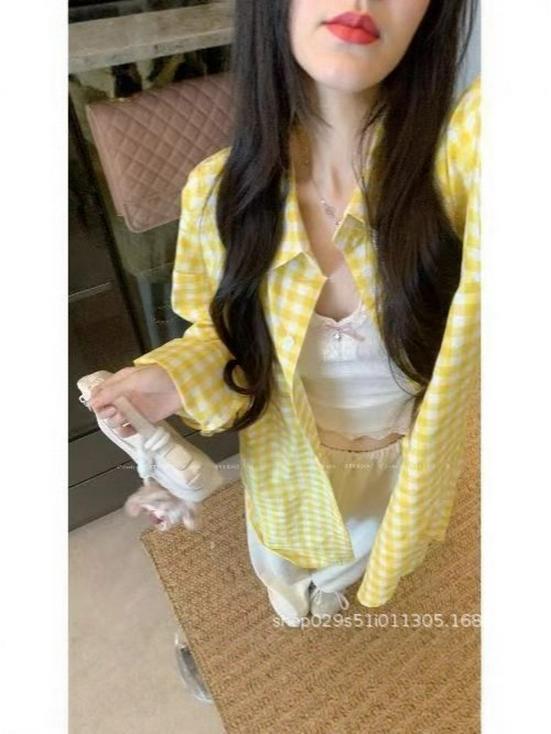 Korean Chic Yellow Plaid Sun Protection Loose Casual Shirt for Women