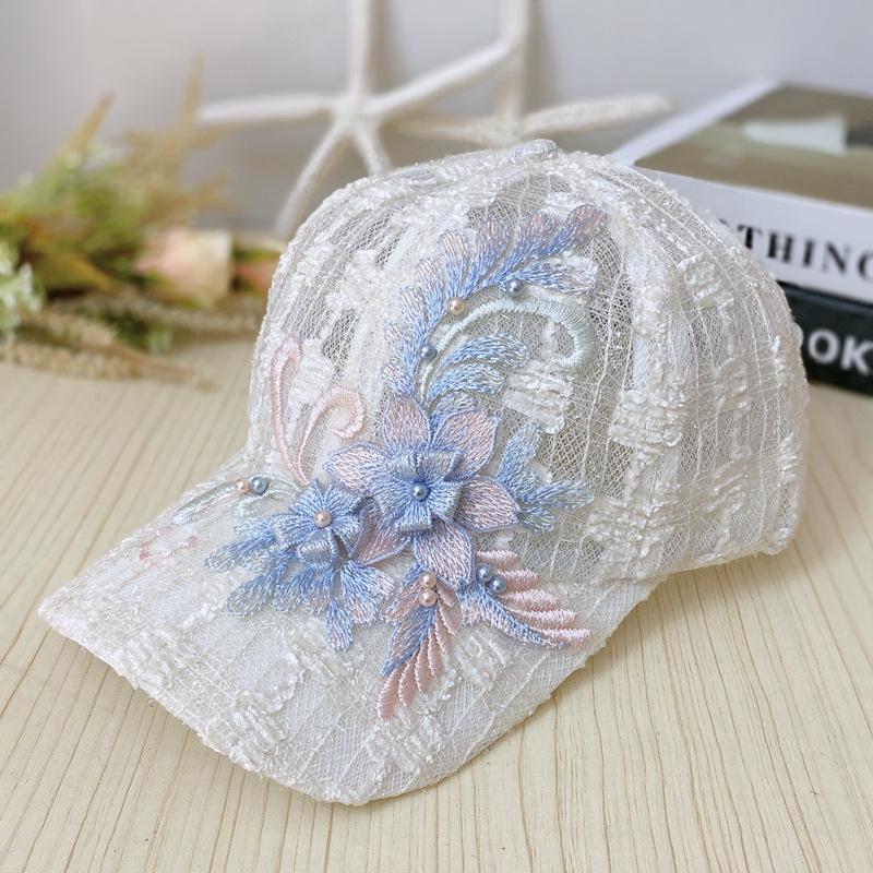 Women's Summer Lace Baseball Cap with Embroidered Floral Mesh - Korean Style Sun Protection Hat