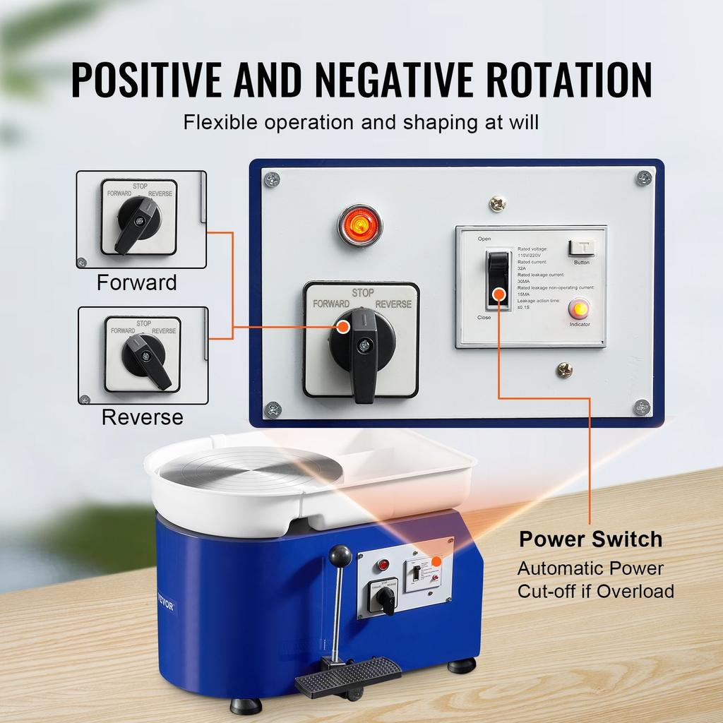 Pottery Wheel, 350W, 11 in Clay Wheel Forming Machine, 60-300 RPM Adjustable Speed with Handle and Pedal Control, ABS Detachable Basin, Accessory Kit