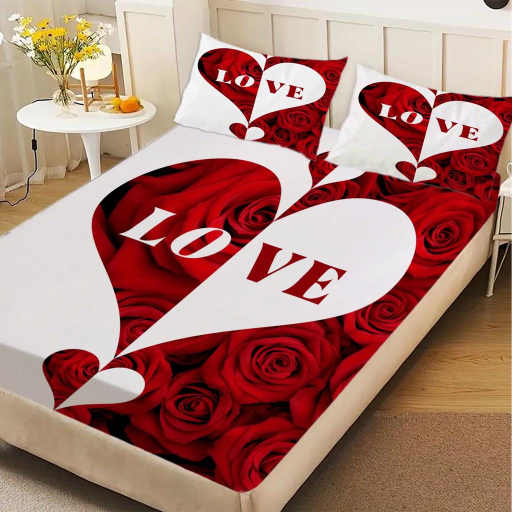 White Red Fitted Sheet Set Rose Heart Love 3D Printed 100% Polyester Mattress Covers Breathable Bedding Set With 2 Pillowcases