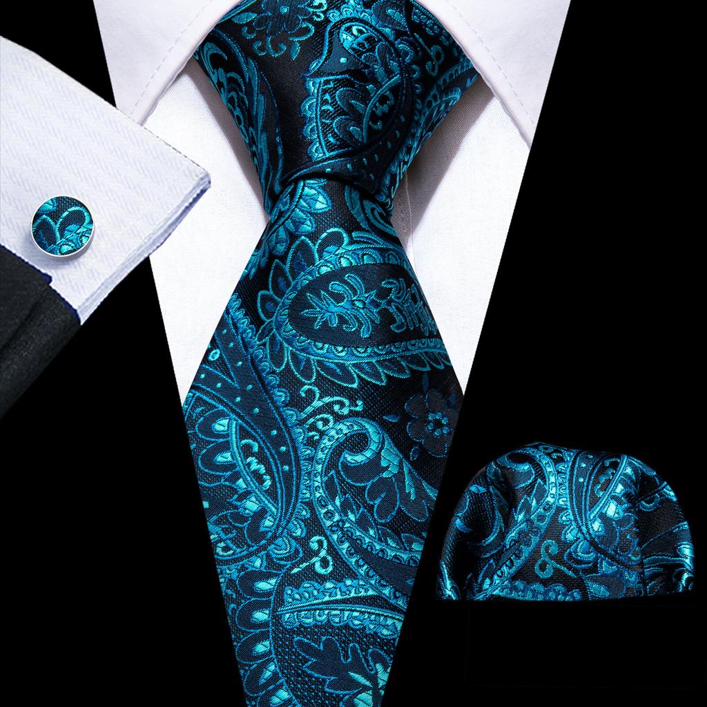 Barry.Wang Floral Ties for Men Woven Paisley Wedding Necktie Handkerchief Cufflinks Formal Casual Set