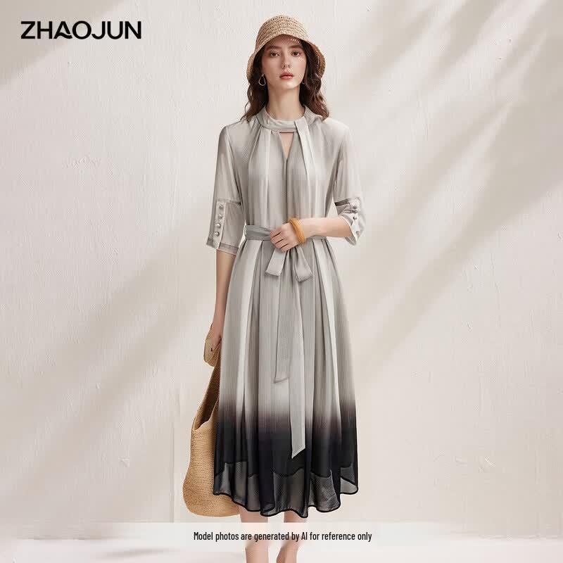 Zhaojun Mulberry Silk Tie-Waist Printed Midi Dress