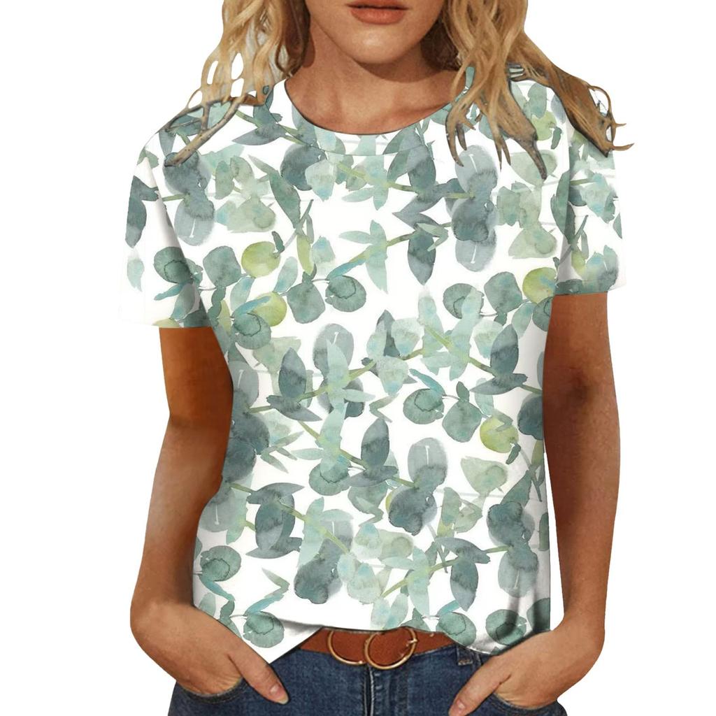 T-shirt Women's Summer Round Neck Breathable Short Sleeve Elegant Floral Pattern Top Loose Casual Wear Ladies T-shirt