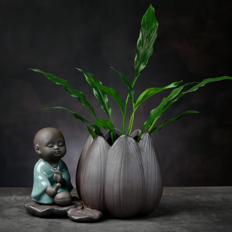 DXUIALOI Neu Chinesisch Kreativ Hydrokultur Pflanzen Chrysantheme Kupfer Geld Blumentopf Vase Zen Keramik Handwerk Heimdekoration