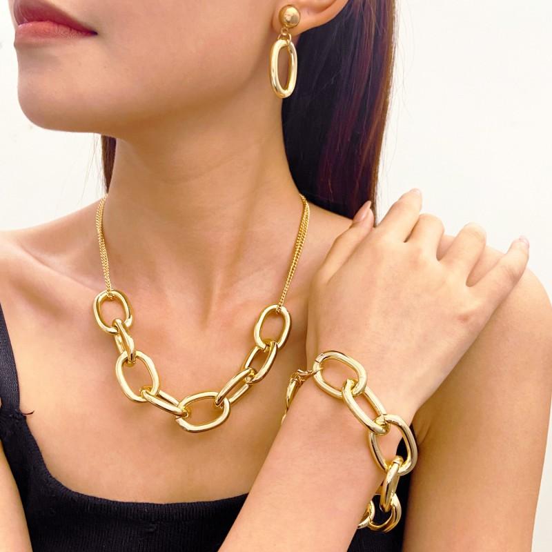 Chunky Chain Jewelry Set Women Minimalist Punk Hip Hop Necklace Earring Bracelet Combo In Gold