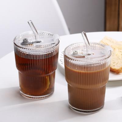 1/2Pcs 450ML Striped Glass Iced Coffee Cup Transparent Glass with Lid and Straw Tea Cup Juice Cup Milk Water Cup Drinkware