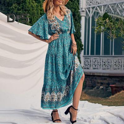 Women Dress Ethnic Bohemian Style Printing V Neck Short Sleeves Elastic Waist Pleated Patchwork A-line Maxi Dress Summer Vacation Beach Dress
