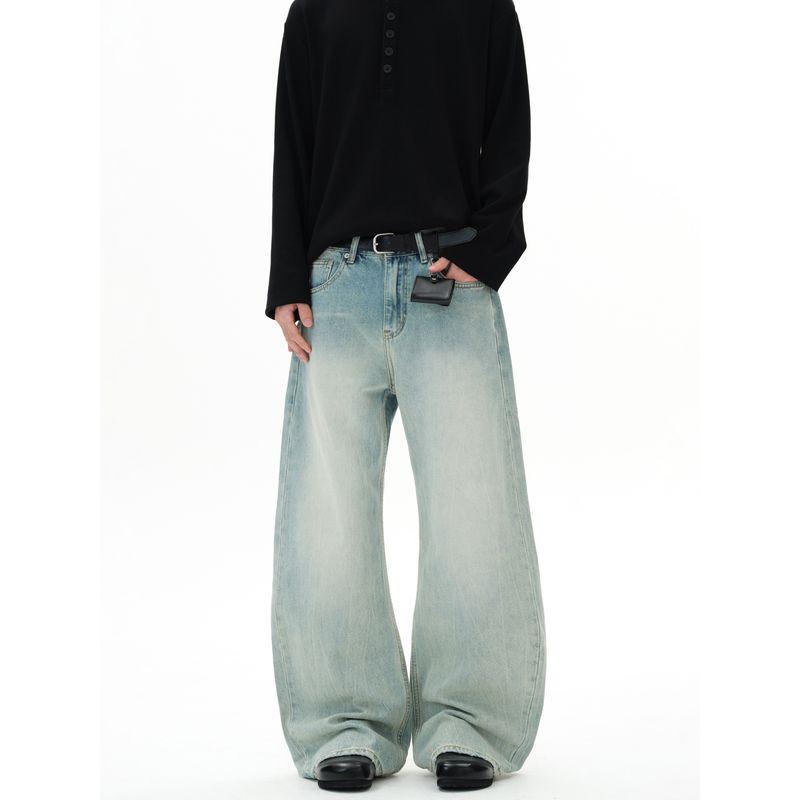 Kisko New American-Style Washed Cracked Gradient Scimitar Jeans for Men and Women, Trendy Brand, Cool and Loose Straight-Leg Pants