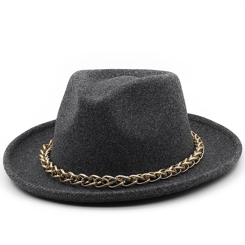 Autumn and winter simple wool upturned edge hat metal chain top hat women's European and American retro celebrity jazz hat