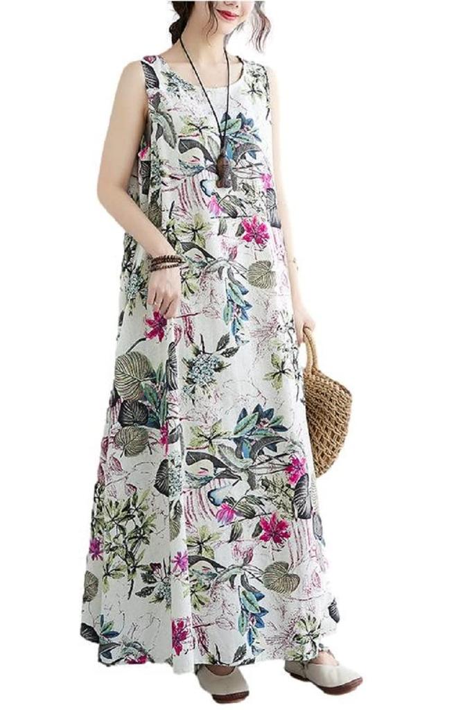 Maison De TAO Women's Sleeveless Dress with Floral Print, Long Sleeve, Elegant Casual Summer Dress (Size M, Pink)