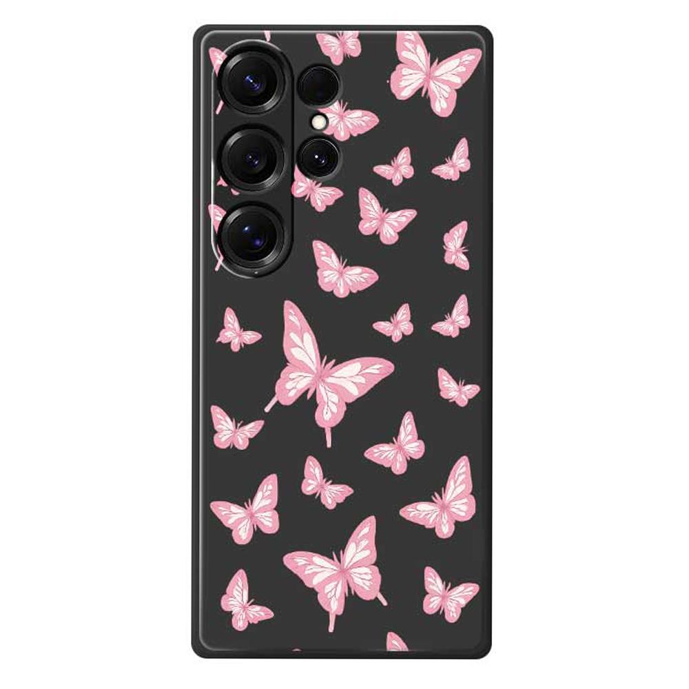 

For Samsung Galaxy S25 Ultra Case Pink Butterflies Pattern Printing Straight Edge TPU Phone Back Cover Black