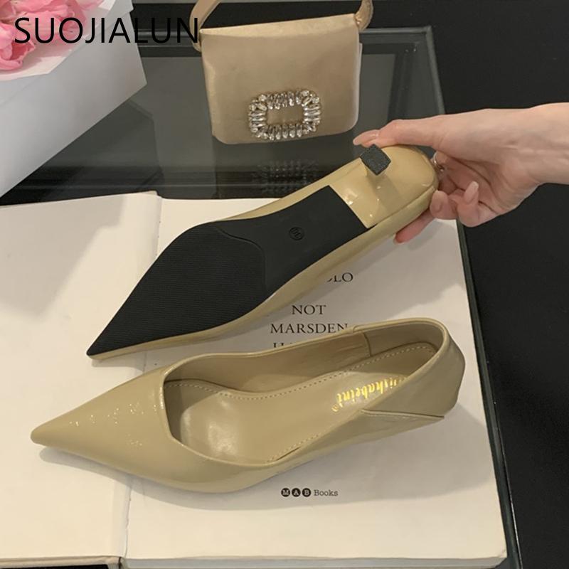 Fashion SUOJIALUN 2025 Spring New Pointed Toe Women Pumps Shoes Pointed Toe Shallow Slip On Boat Shoes Thin Low Heel Dress Pumps