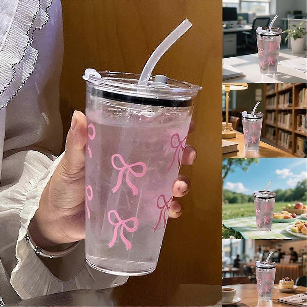 Pink Plastic Cup with Straw, Lid & Transparent Design - 450ml, Ideal for Milk, Coffee & Beverages - Home & Travel Use