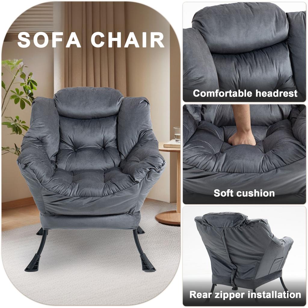 Lazy Chair, Relaxing Chair with Metal Frame and a Side Pocket, Simple Style Comfy Chairs for Bedrooms Living Room Balcon