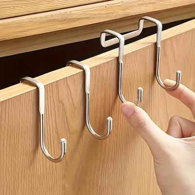 Stainless Steel S-Shaped Double Hook 1pc - Punch-Free Wall Mount Cabinet Door Hanger - Easy Install Traceless Hanging Clothes Hook for Kitchen