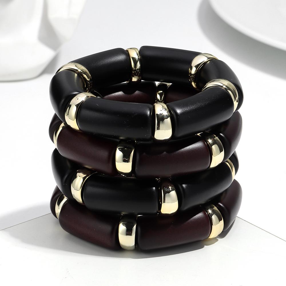 Vintage Acrylic Bamboo Tube Elastic Bracelets Bangles for Women Matte Black Resin Bend Pipe Beaded Bracelet Trendy Jewelry Gifts