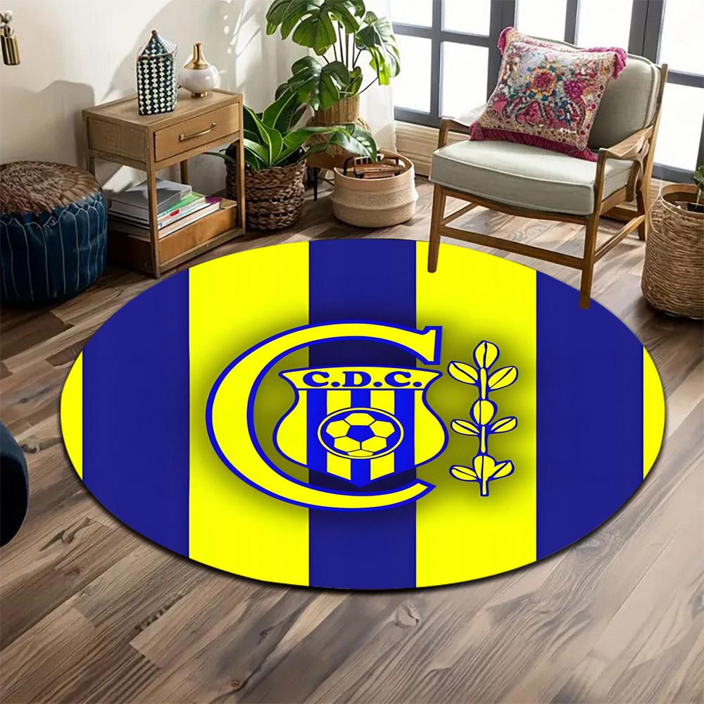 Round Rug CDC C Monogram Shield Soccer Ball Laurel Blue Yellow Stripes Soccer Club Crest Circular Rug for Football Fan Decor
