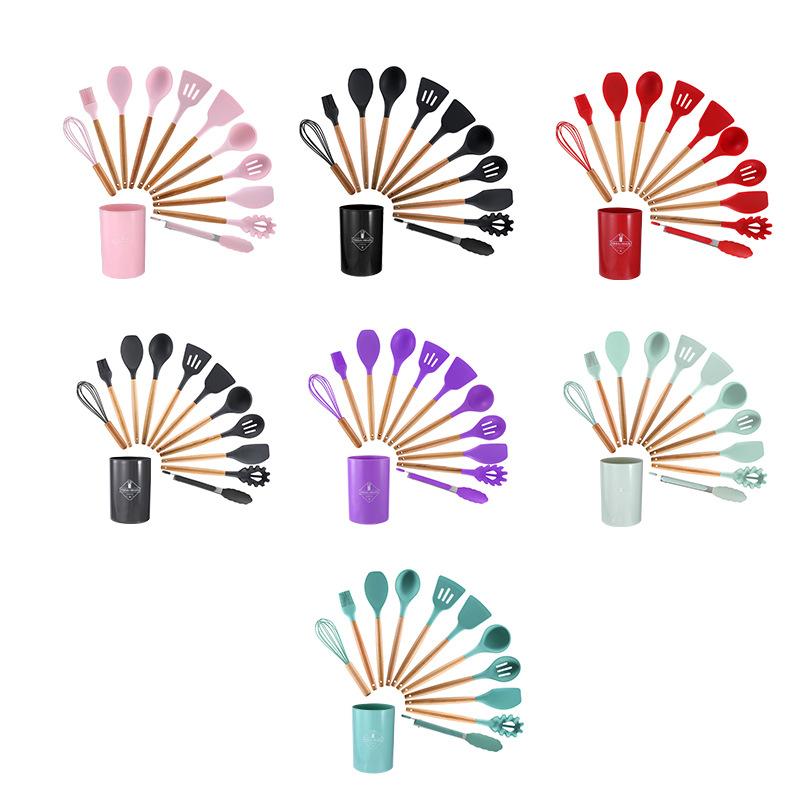 12Pcs Silicone Utensils Set Black Non-Stick Cookware Wooden Handle Spatula Shovel Egg Beaters Kitchenware Kitchen Accessories