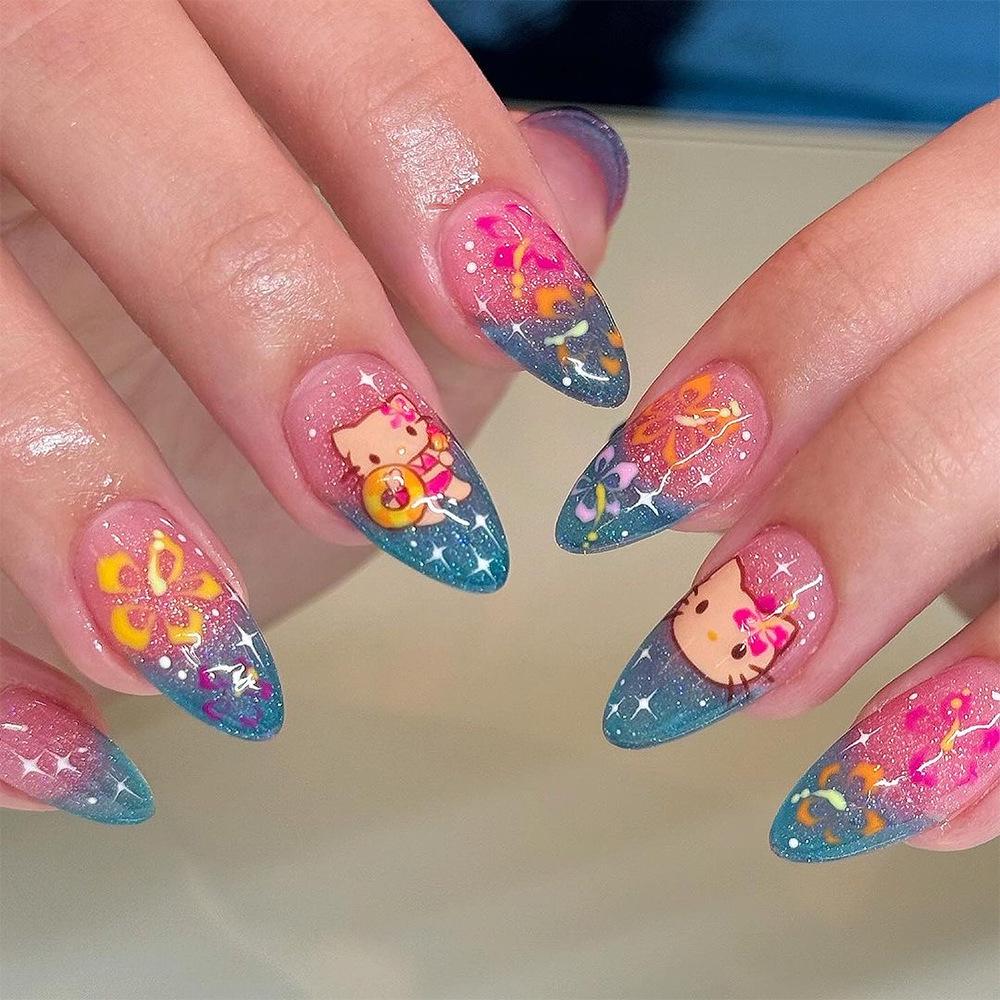 Cute Japanese Almond Shape Wearable Nails - Detachable Short False Nail Art Tips