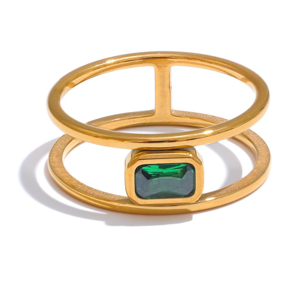 

Yhpup Stainless Steel Double Layer Hollow Green Cubic Zirconia Fashion Ring Exquisite Rust Proof 18K Gold Color Finger Jewelry 6