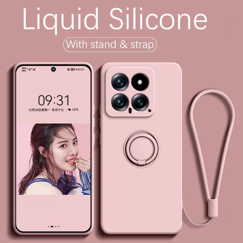 Liquid Silicone Case For Xiaomi 14T Pro 360 ° Rotating Ring Holder Cover For Xiaomi 15 14 13 12 13T 12T Pro Fundas With Strap