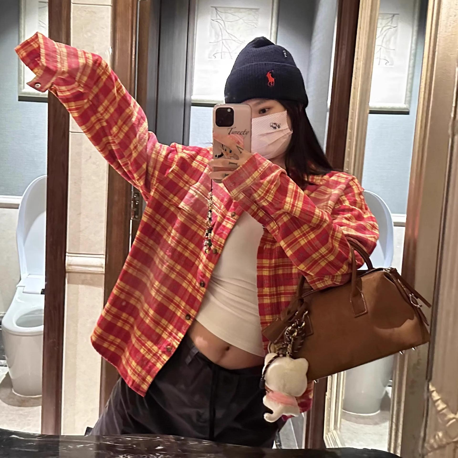 

Women s American Retro Plaid Shirt - Summer/Spring Loose Fit Top M червоний