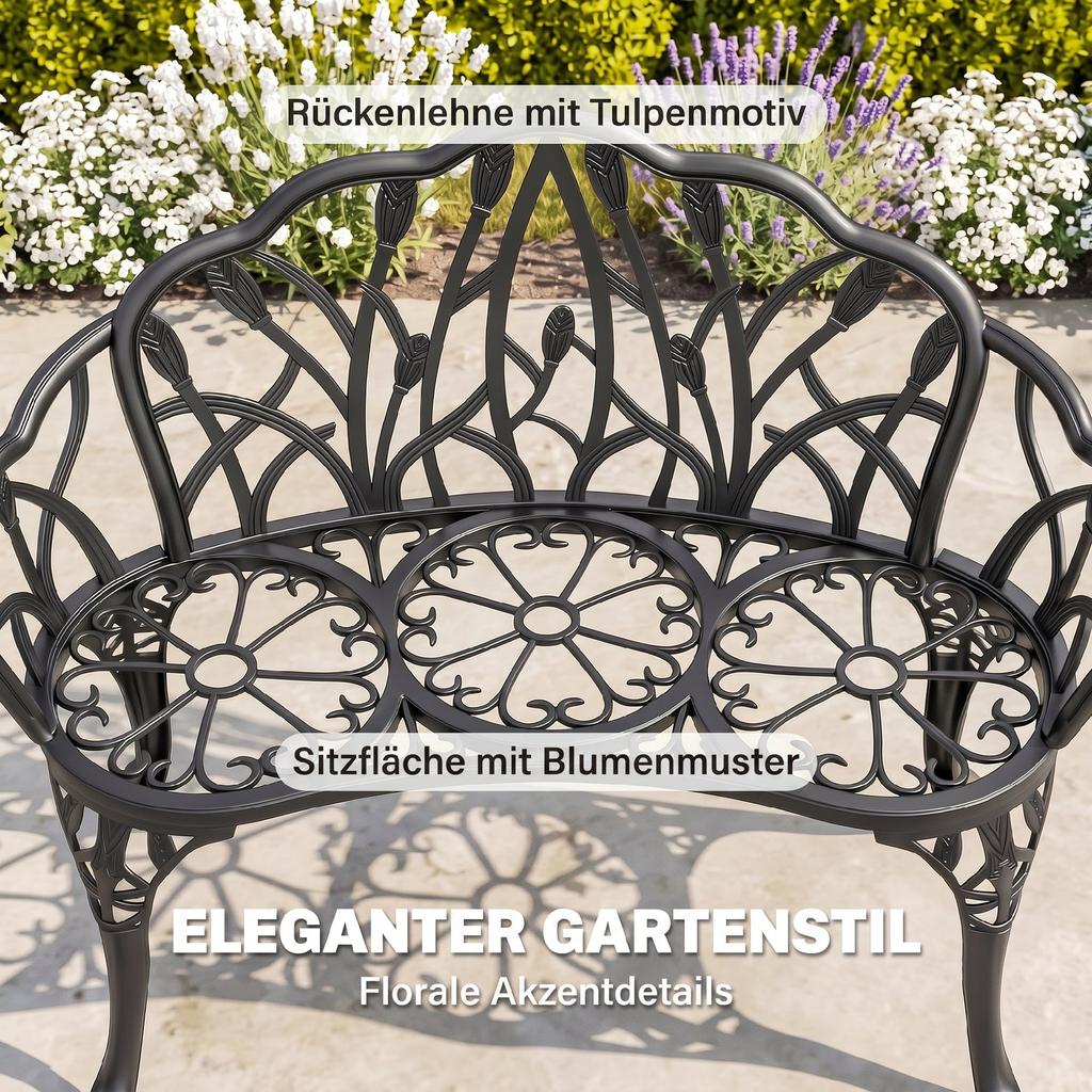 Garden Bench, 2-Seater, Cast Aluminum, Outdoor Bench with Tulip Backrest, Floral Motif