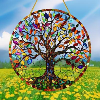 Colorful One Piece 2D Tree of Life Sun Catcher | Round 5.9" X 5.9" Plastic Flat Sign, Acrylic Wall Decoration