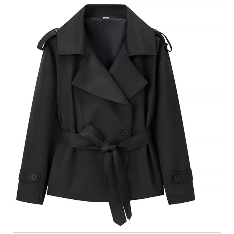 Women V-neck Lapel Belt Trench Coat Fashion Lace Up Full Sleeve Button Short Thin Windbreak 2026 New Lady Daily Street Outerwear