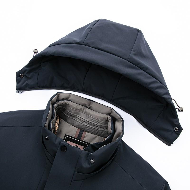 Mens Detachable Inner Liner Down Jacket Winter Warm Hooded Mid-Length Parka Middle-Aged Senior