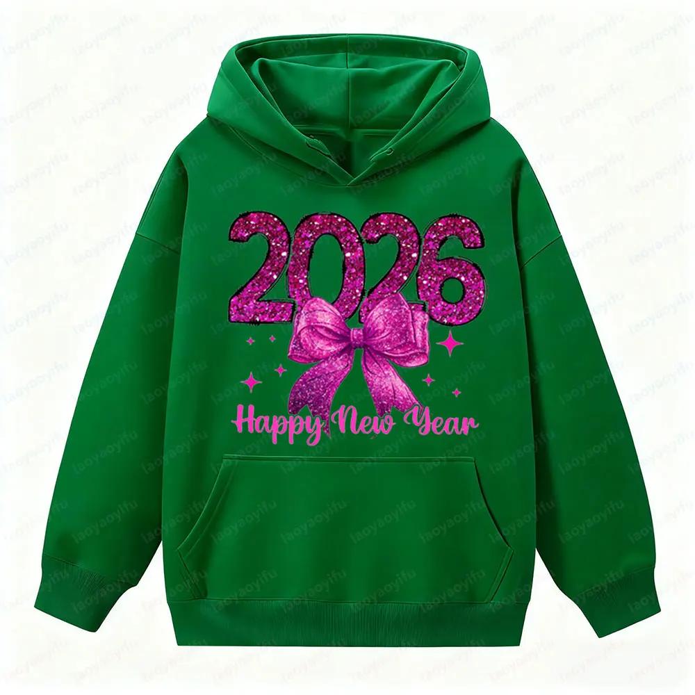 Happy New Year 2026 Clothing NYE Party Apparel Pink Glitter Girly New Year Hoodies Women Fashion Trend Holiday Sweatshirt