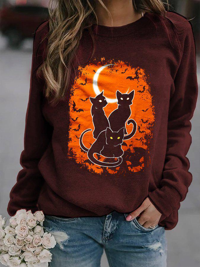 Women's Black Cat Halloween Long Sleeve Sweatshirt Hoodie (European Size)