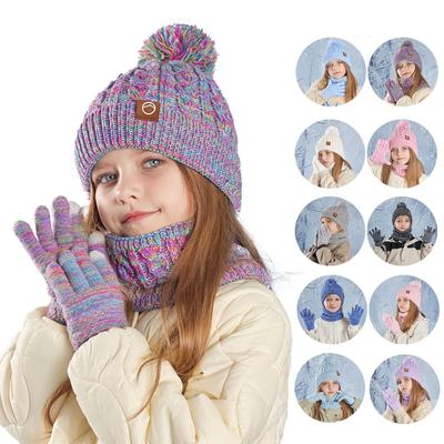 Kids Winter Hat Gloves Scarf Set, Girls Boys Pompom Hats Gloves Knit Set With Thick Fleece Lined For 4-10 Children