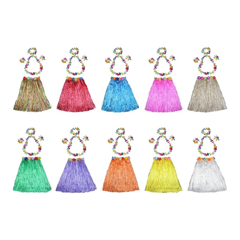 Hawaiian Hulas Grass Skirt with Flower Costume Outfits Set Necklace Headband Bracelet for Luaus Tropical Beach Party Decor